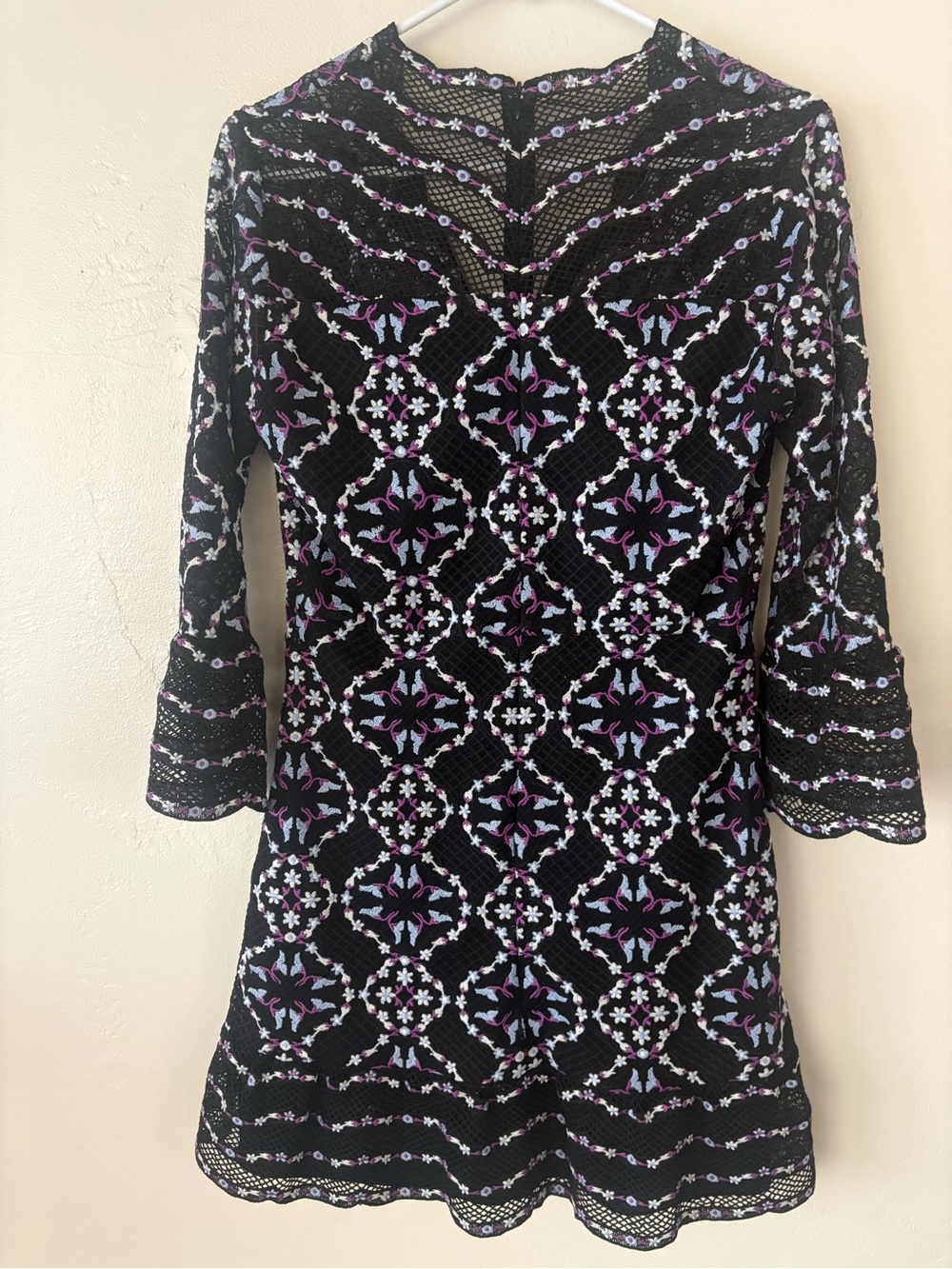 Sandro Paris Embroidered Floral Lace Mini Dress Bell Sleeves Size S